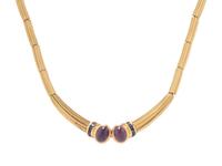 YELLOW GOLD, AMETHYST, AND SAPPHIRE NECKLACE