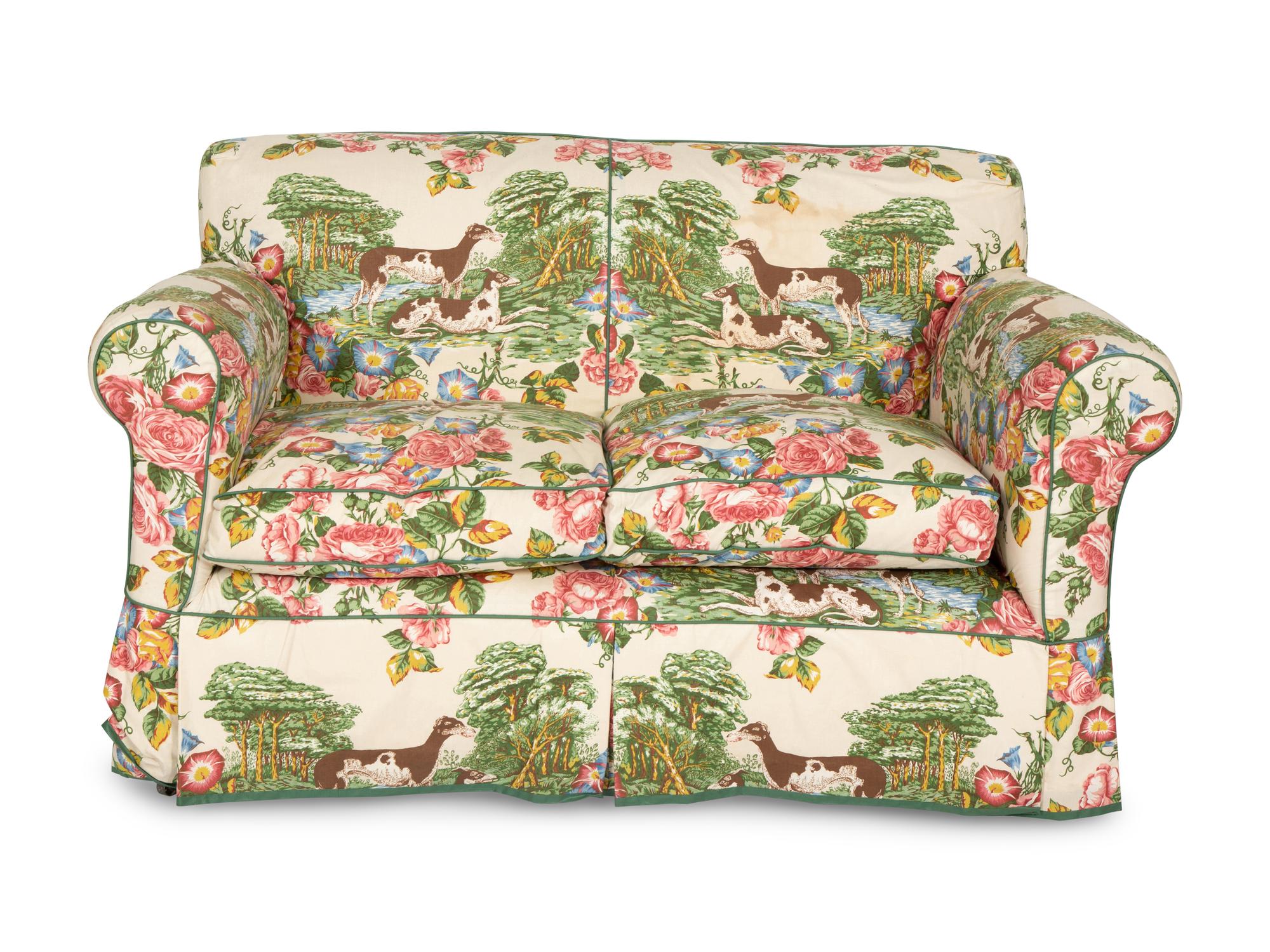 A Printed Cotton-Upholstered Two-Cushion Sofa