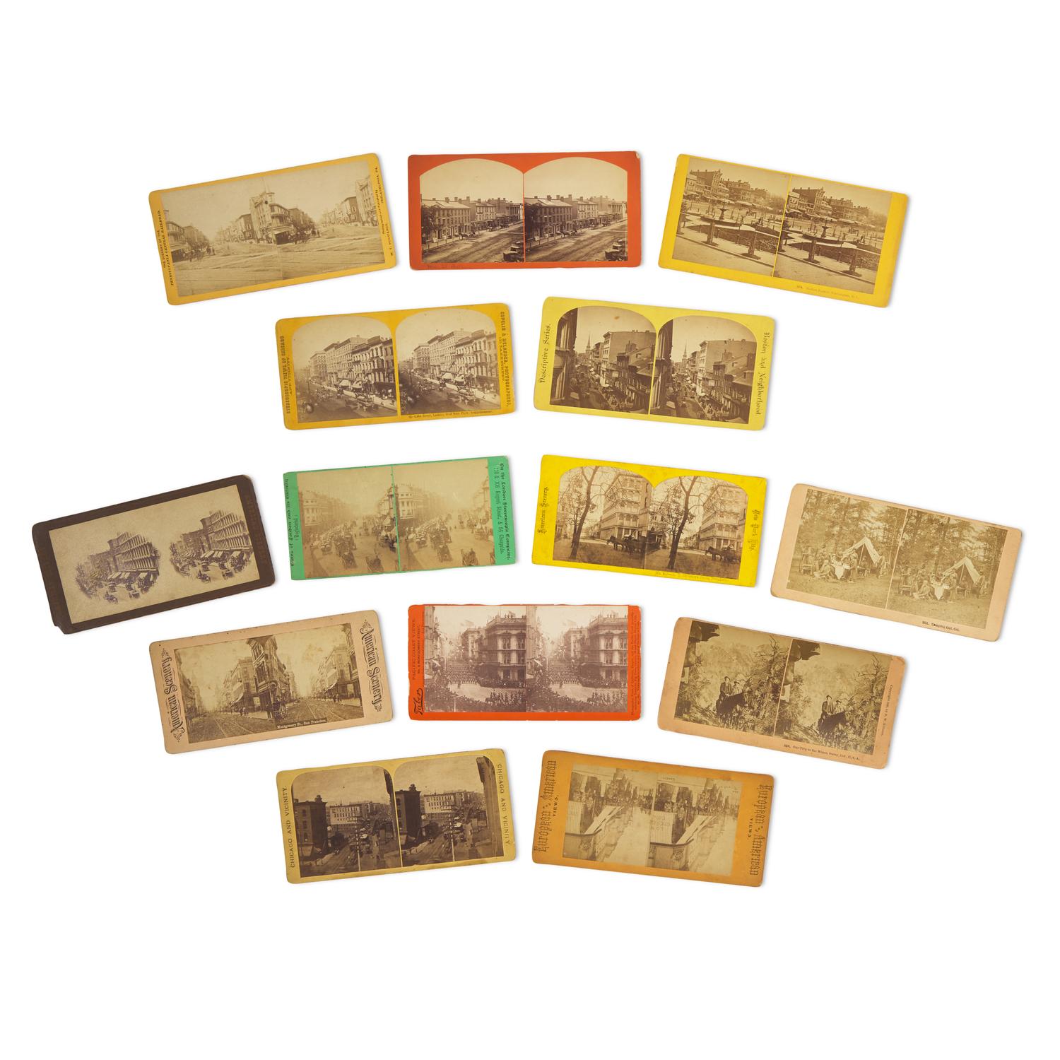 [Early Photography]. A group of 14 stereoviews with photographic interest, feat. photo galleries of Brady, Anthony, and Taber.