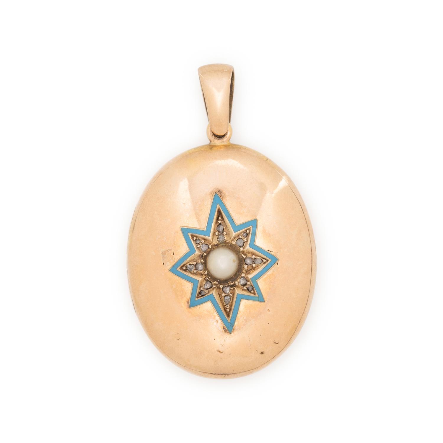 VICTORIAN, ROSE GOLD, ENAMEL, CULTURED PEARL, AND DIAMOND LOCKET