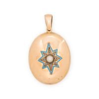 VICTORIAN, ROSE GOLD, ENAMEL, CULTURED PEARL, AND DIAMOND LOCKET
