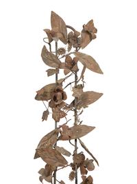 A Pair of French Bronze Urns with Tole Trellises of Floral Vines on Marble Pedestals