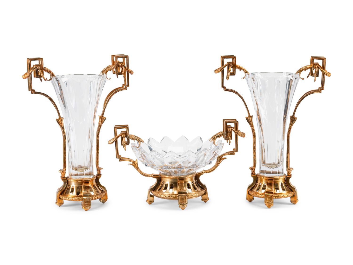 A Continental Gilt Bronze and Glass Three-Piece Table Garniture