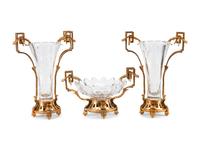 A Continental Gilt Bronze and Glass Three-Piece Table Garniture