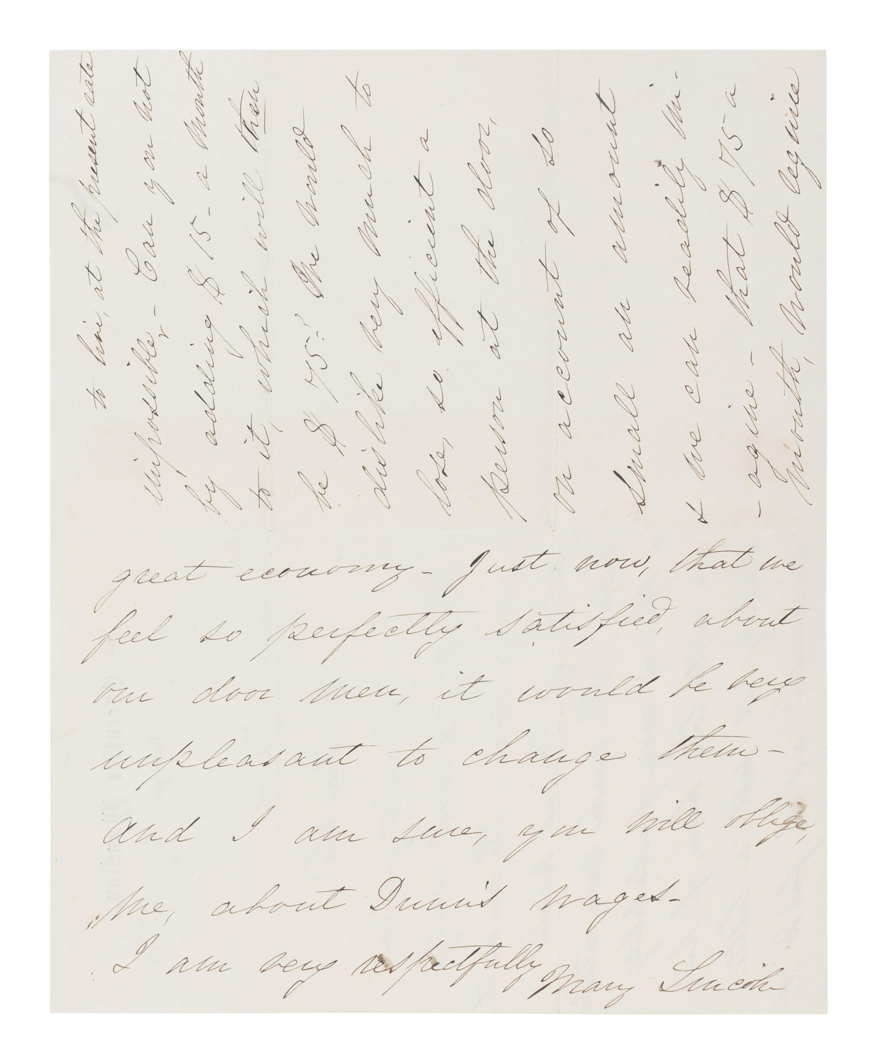 LINCOLN, Mary Todd (1818-1882). Autograph letter signed ("Mary Lincoln"), to B.B. French, Washington, D.C., 16 January 1864.