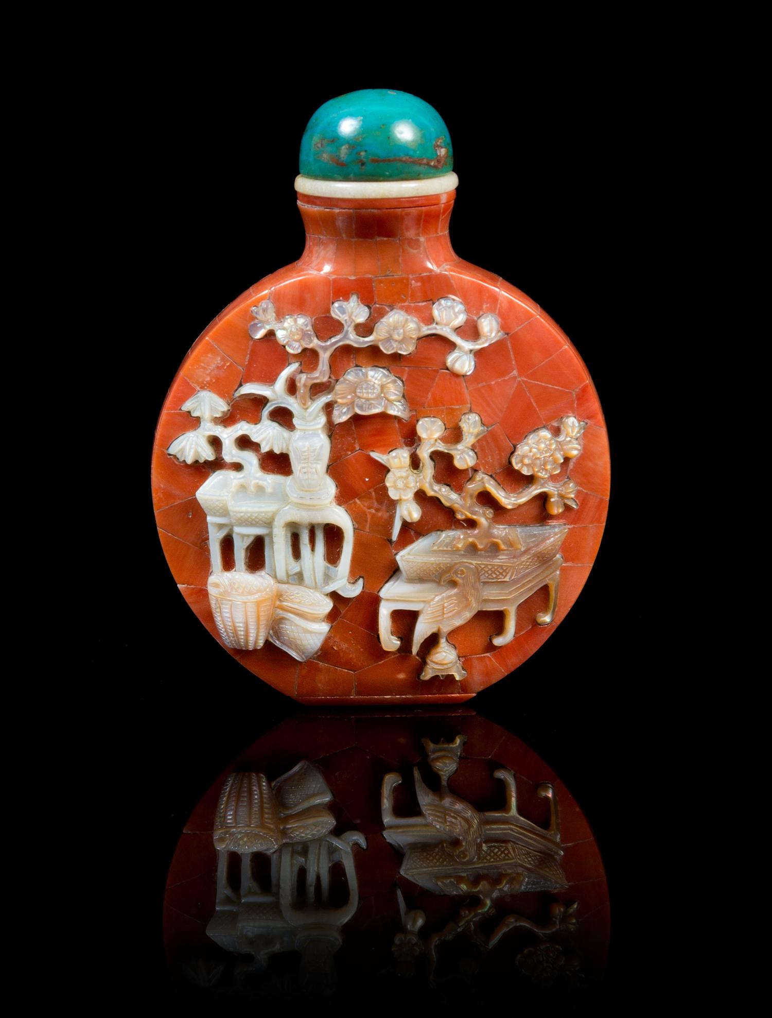 A Red Coral Veneer Snuff Bottle Height 2 1/2 inches.