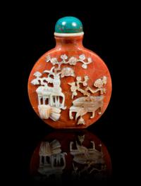 A Red Coral Veneer Snuff Bottle Height 2 1/2 inches.