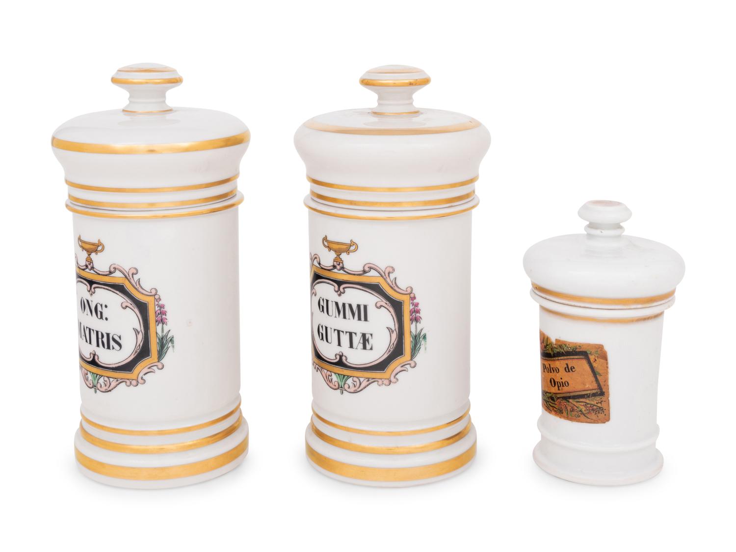 Three French White Glass Apothecary Jars