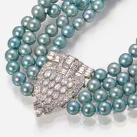 A Multi-Strand Blue Pearl and Diamond Necklace