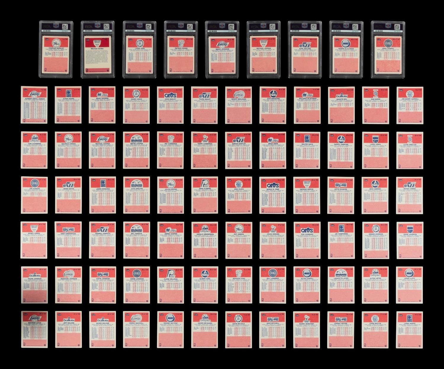 A Complete Set of 1986-87 Fleer Basketball Cards (132) Including Michael Jordan Rookie Card No. 57 (PSA 8 NM-MT) with Additional Graded Key Rookies and Sticker Set (11)