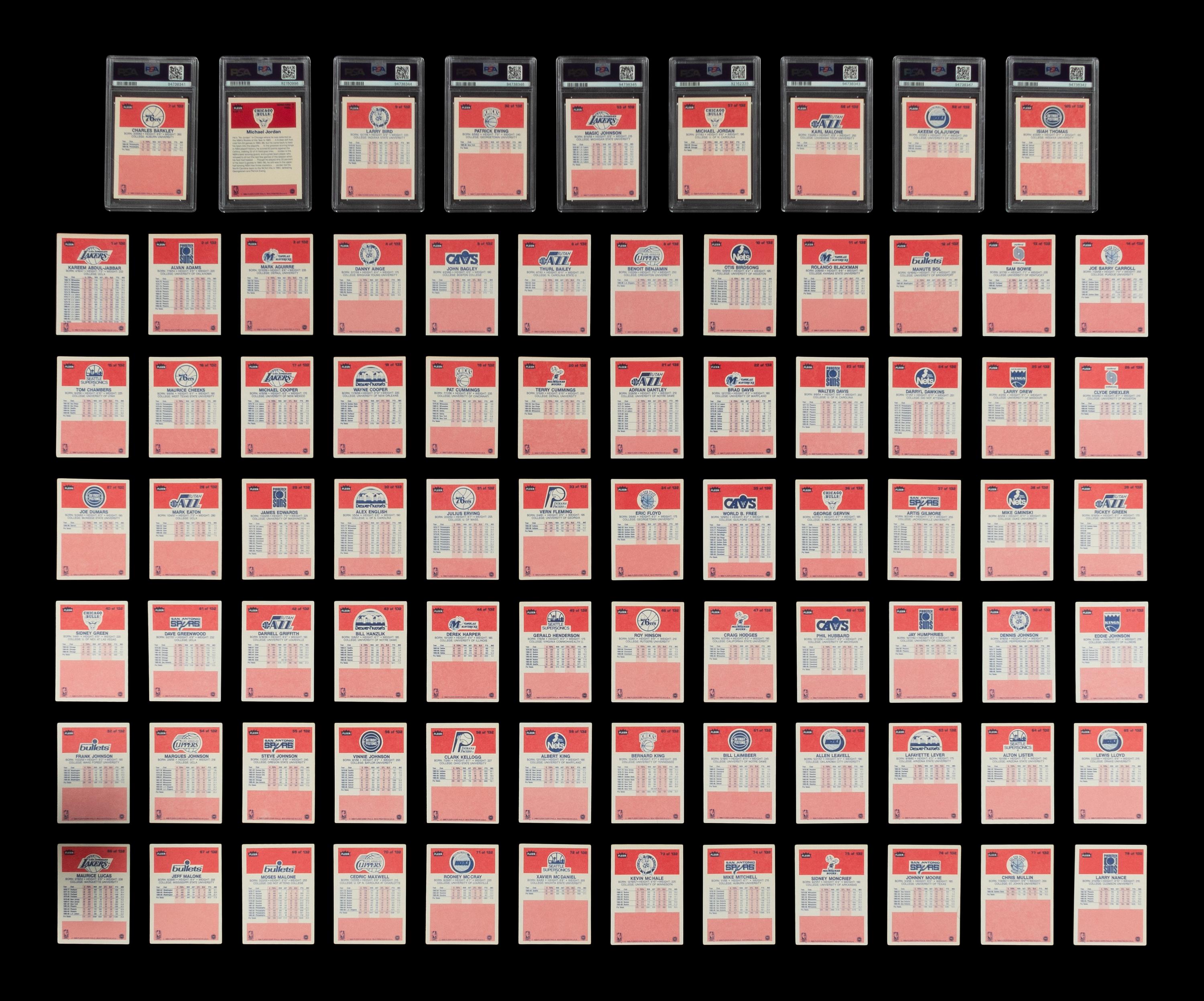 A Complete Set of 1986-87 Fleer Basketball Cards (132) Including Michael Jordan Rookie Card No. 57 (PSA 8 NM-MT) with Additional Graded Key Rookies and Sticker Set (11)