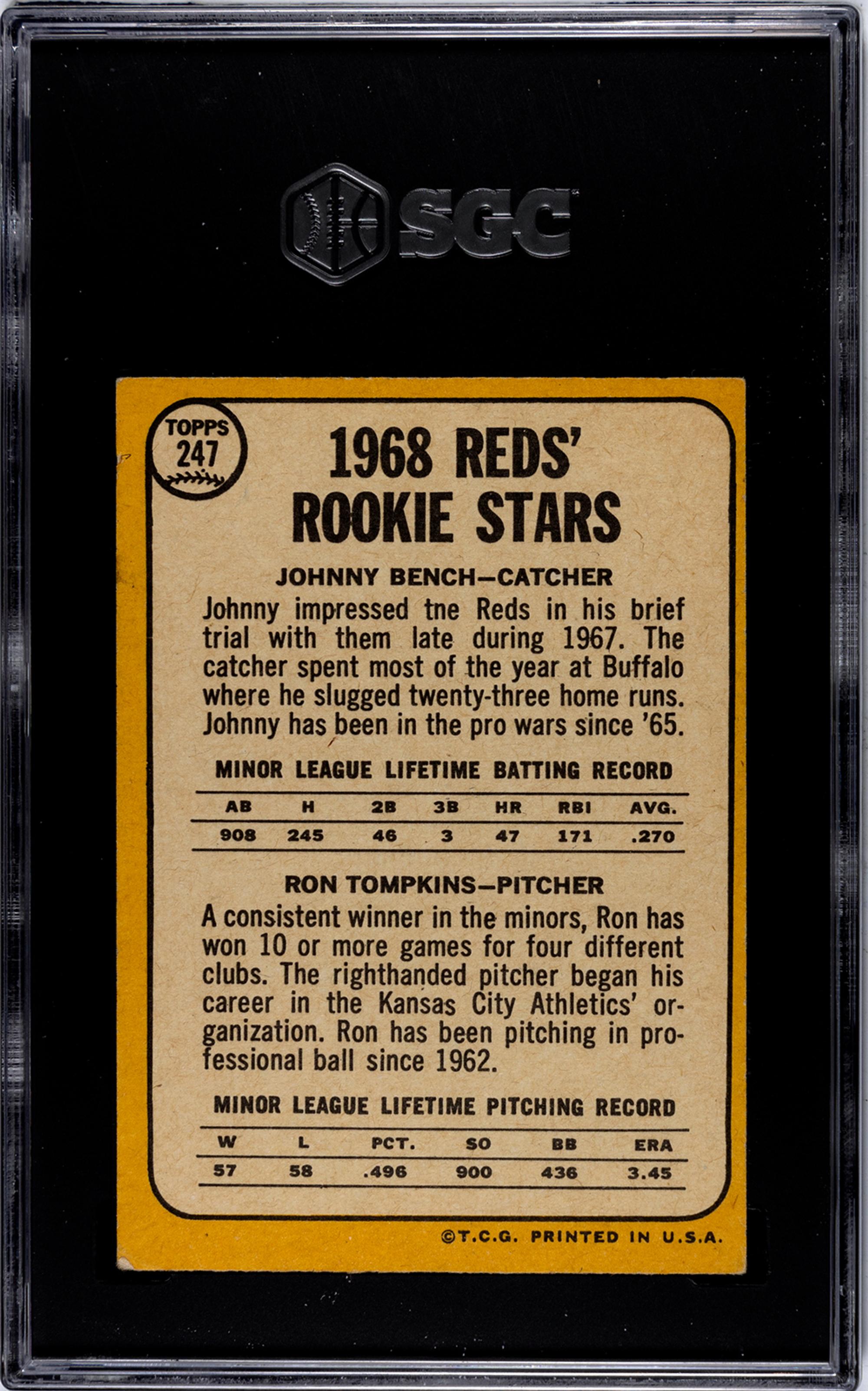 A 1968 Topps Johnny Bench Rookie Baseball Card No. 247 (SGC 4.5 VG-EX+)