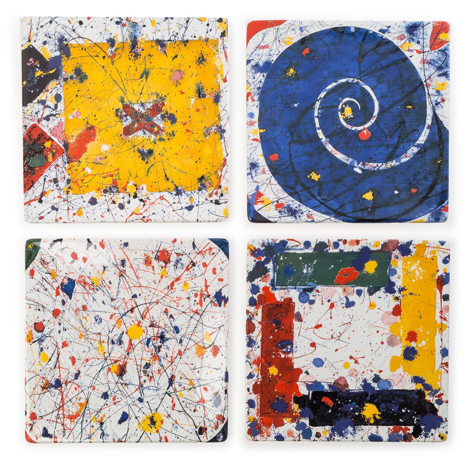 After Sam Francis, (American, 1923-1994), the complete set of four ceramic plates in colors, c. 2000