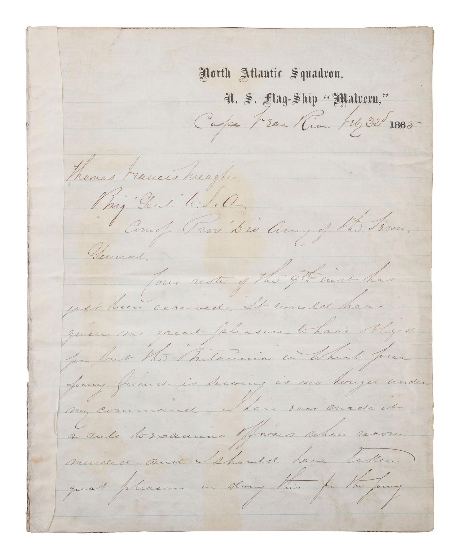 [CIVIL WAR]. PORTER, David Dixon (1813-1891). Letter signed on US Flagship Malvern letterhead.
