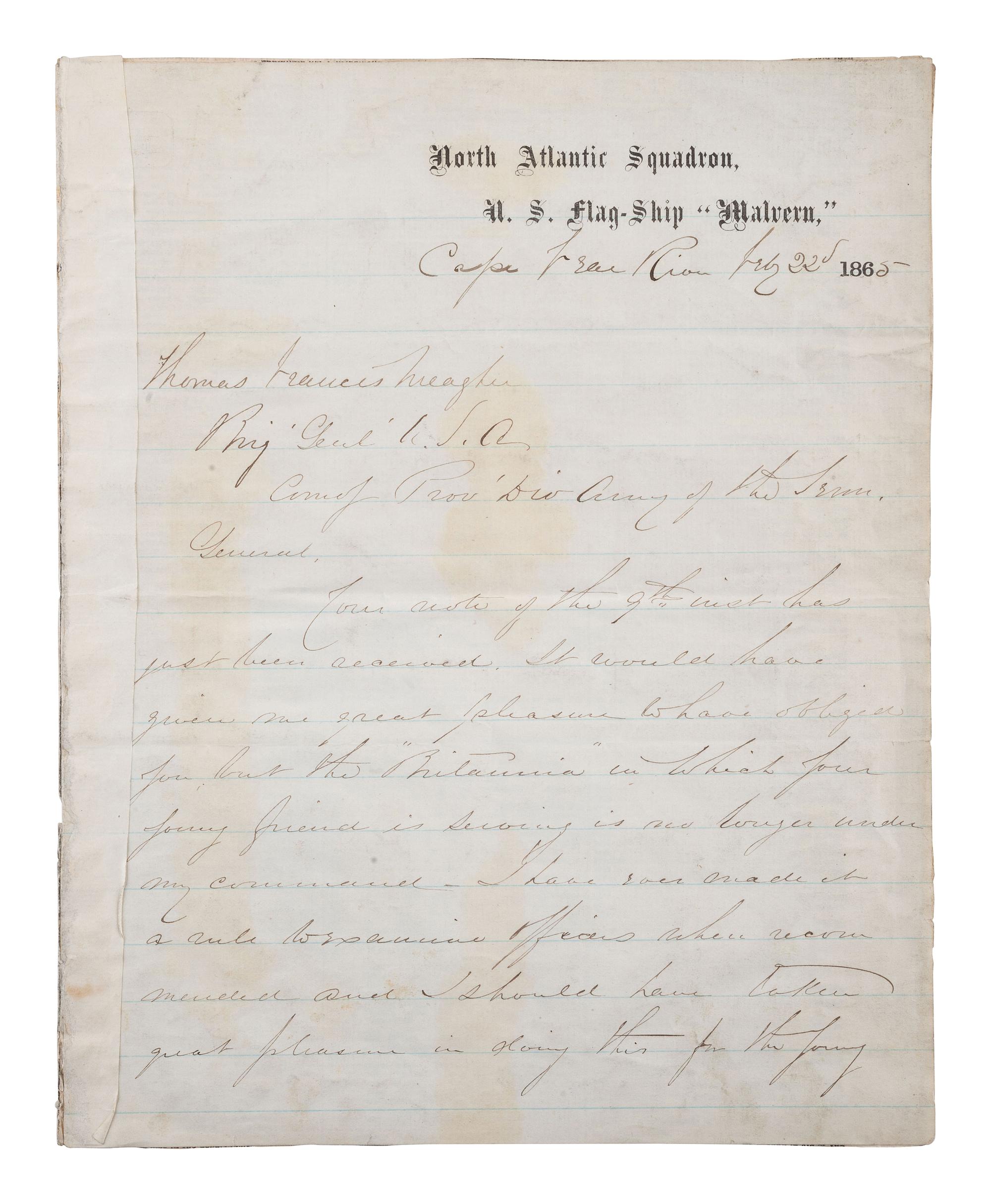 [CIVIL WAR]. PORTER, David Dixon (1813-1891). Letter signed on US Flagship Malvern letterhead.