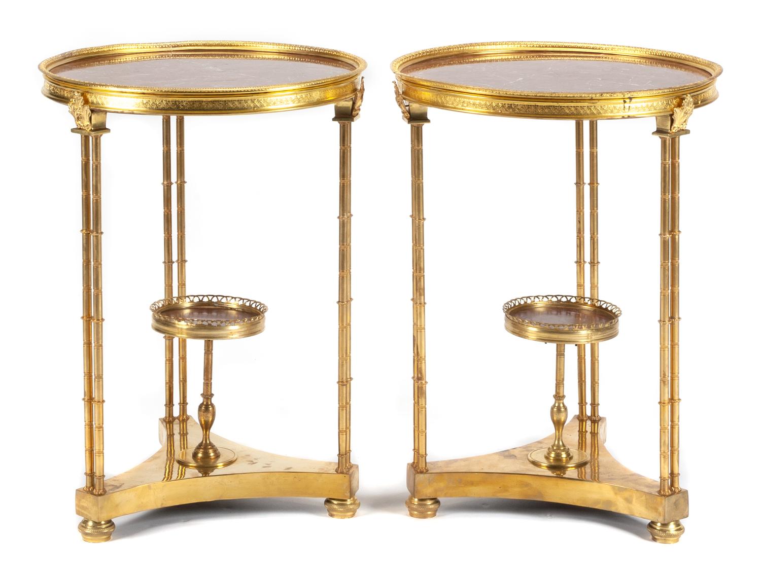 A Pair of Louis XVI Style Gilt Bronze Gueridons Height 27 x diameter of top 20 1/2 inches. — 20TH CENTURY