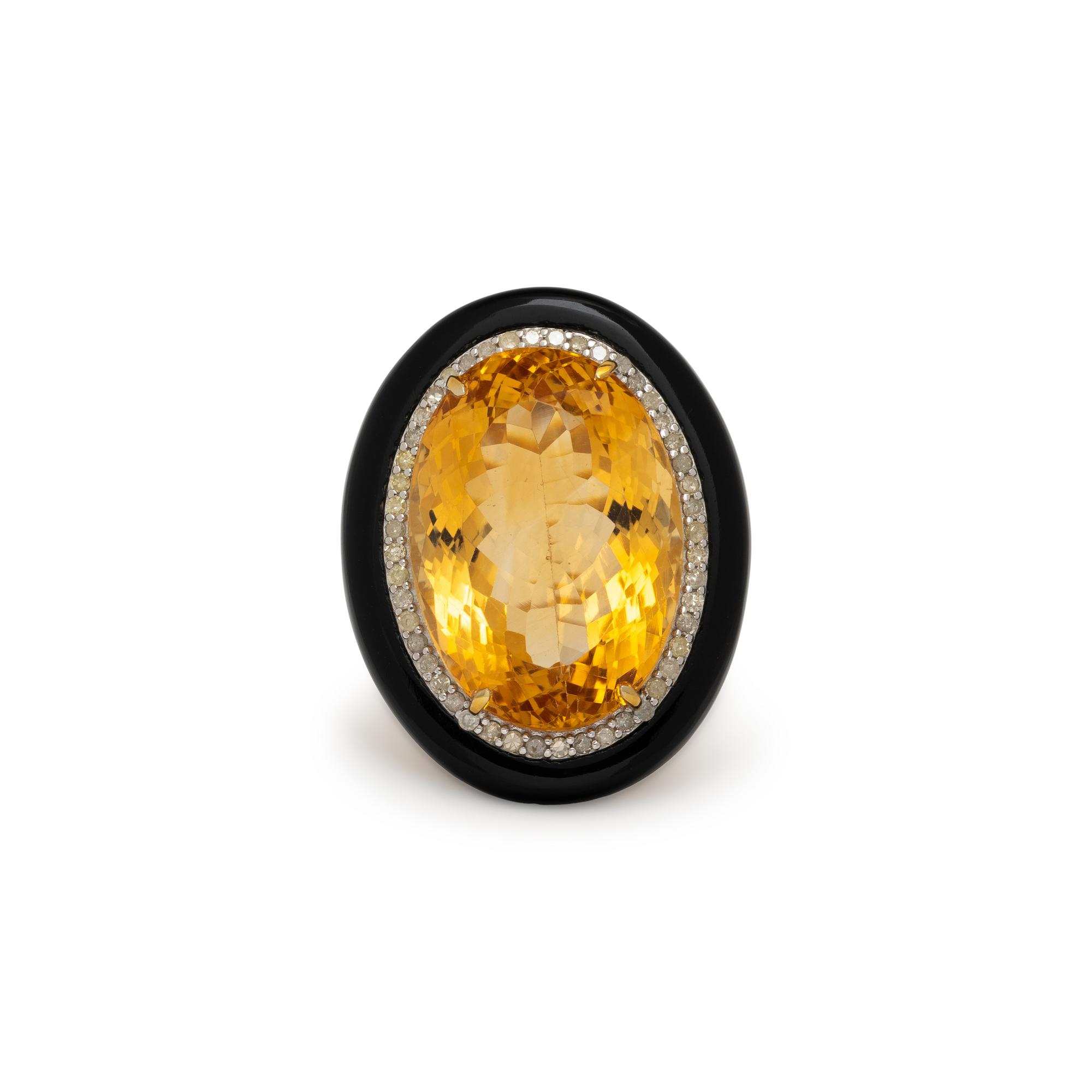 CITRINE, BLACK ONYX, AND DIAMOND RING