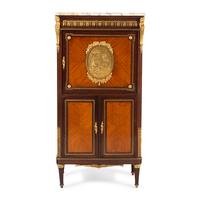 A Louis XV Style Gilt Bronze Mounted Mahogany and Tulipwood Marble-Top Cabinet