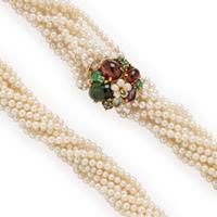 Cultured Pearl Torsade and Multigem Necklace