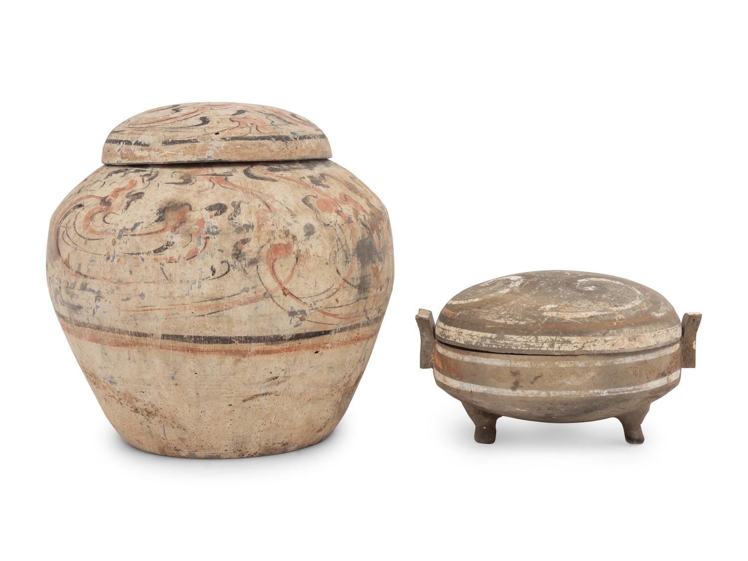 A Pair of Chinese Painted Pottery Round Boxes, together with Two Chinese Painted Pottery Vessels