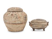 A Pair of Chinese Painted Pottery Round Boxes, together with Two Chinese Painted Pottery Vessels