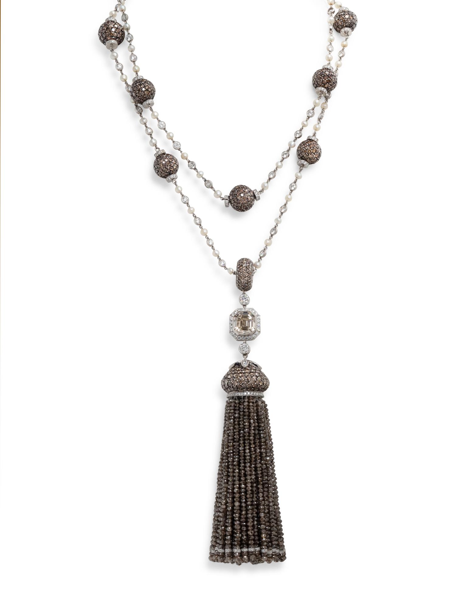 EVELYN CLOTHIER, COLORED DIAMOND, DIAMOND AND CULTURED PEARL TASSEL NECKLACE