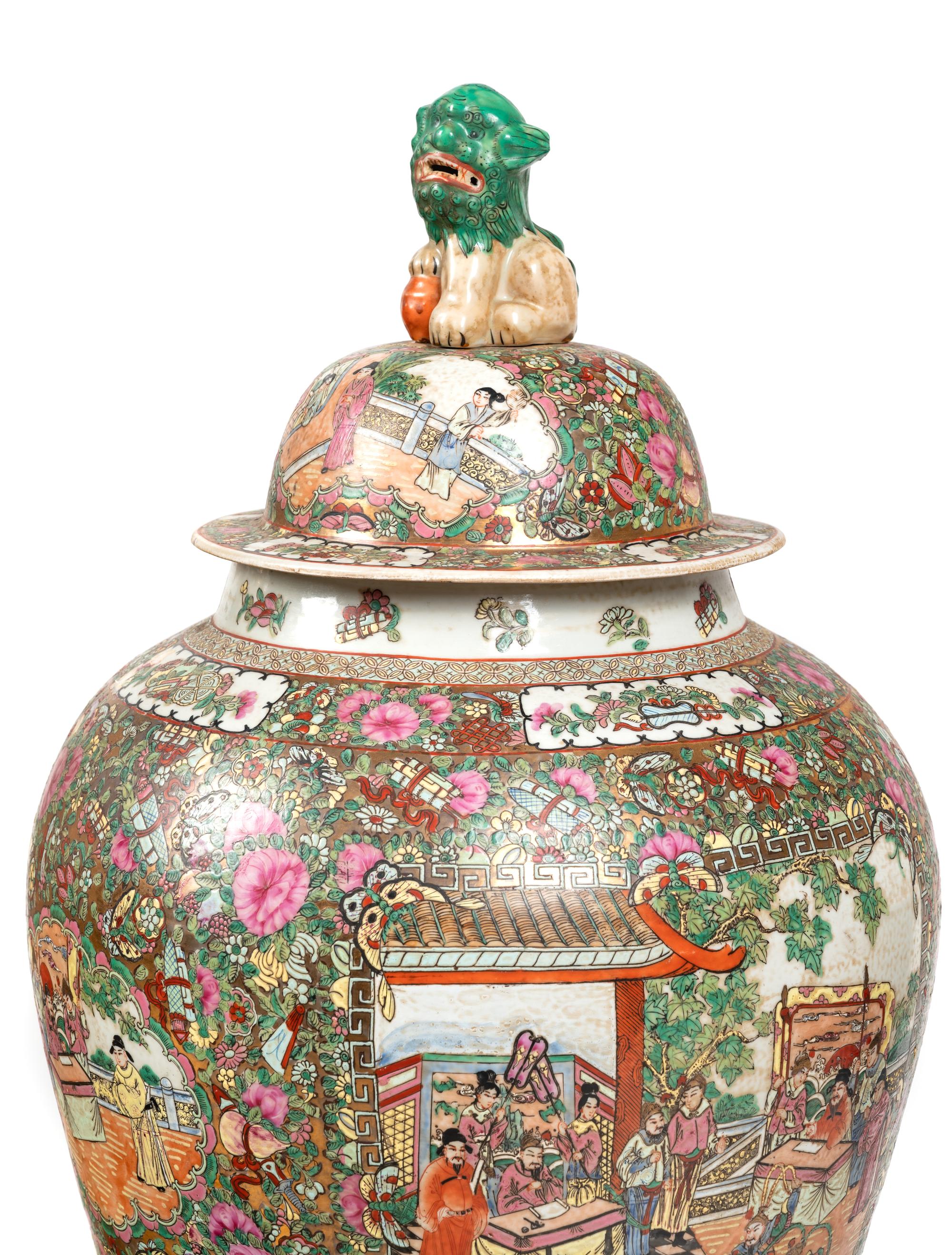 A Pair of Large Chinese Export Rose Medallion Porcelain Jars
