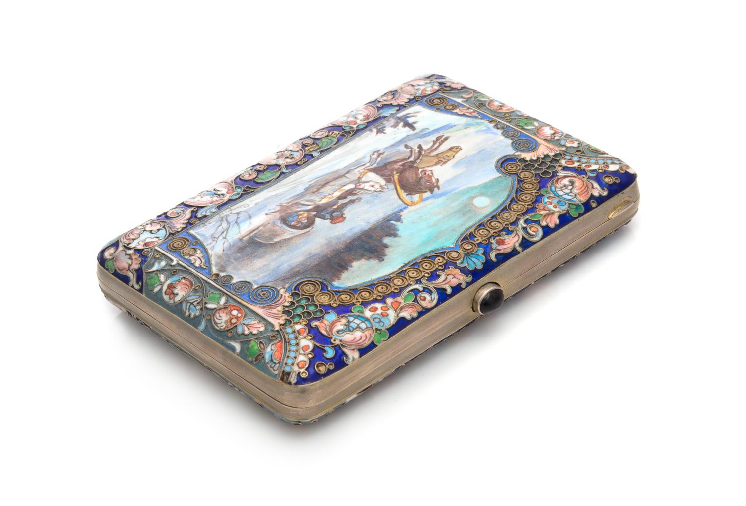 A Russian Enameled Silver Cigarette Case, Mark of Dmitry Gorbanov, Moscow, Late 19th/Early 20th Century, the lid centered by a painted