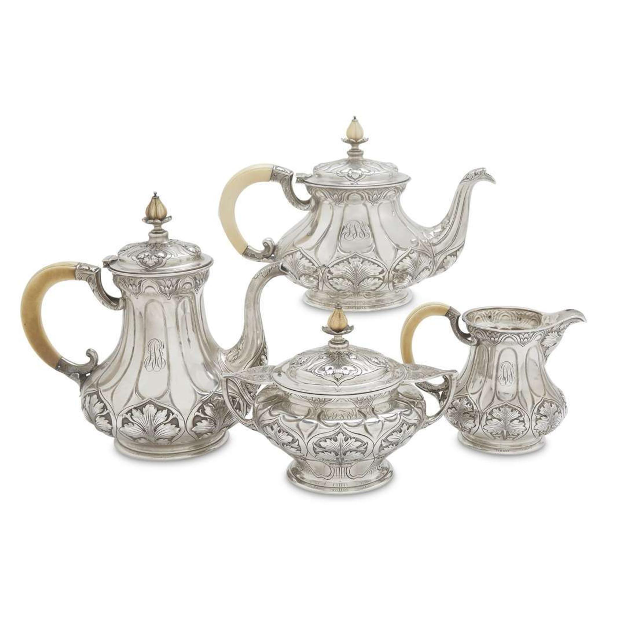 Four-piece sterling silver tea and coffee service in the "Athenic" pattern Gorham Mfg. Co., Providence, RI, circa 1905