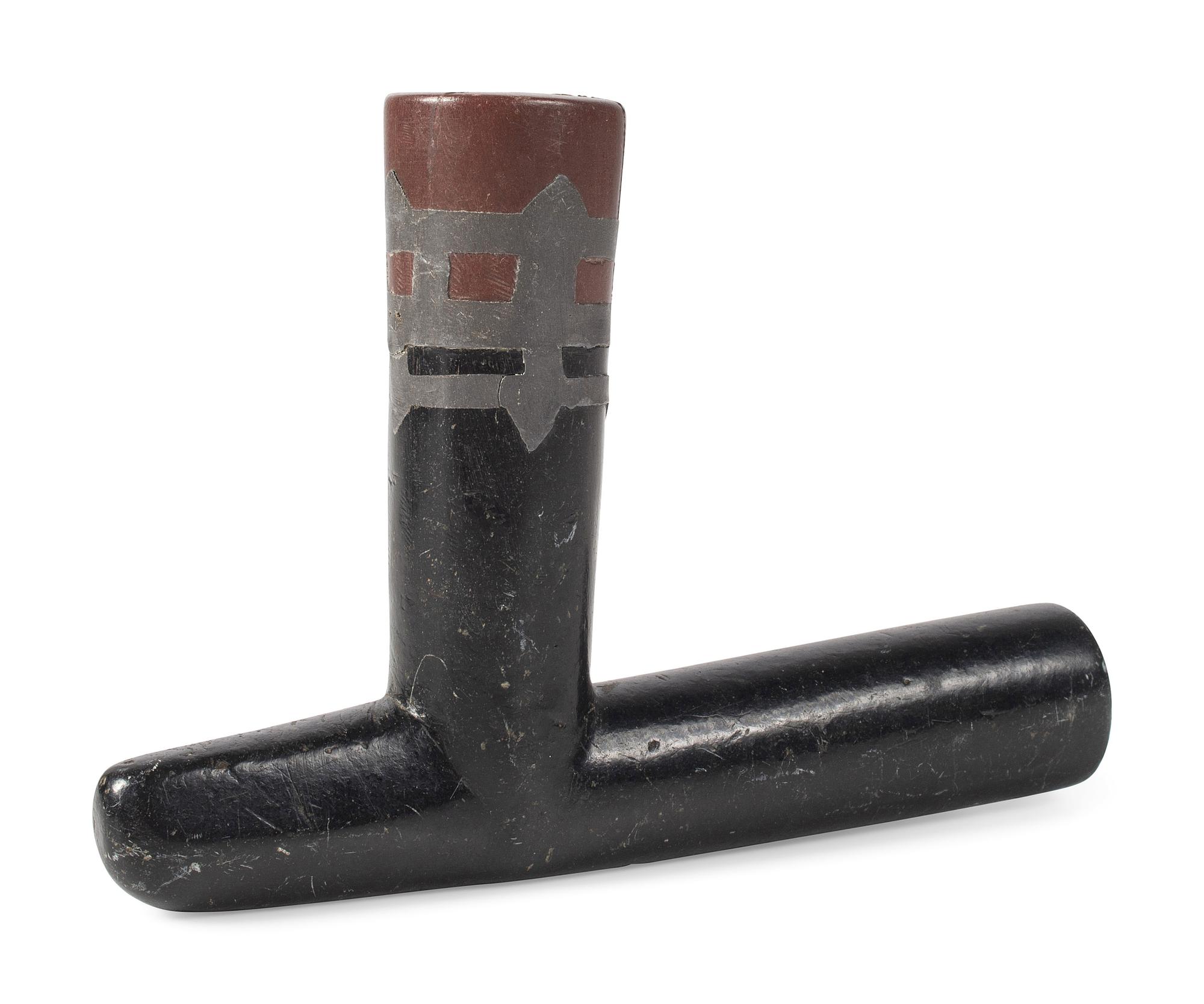 Great Lakes Steatite Pipe Bowl, with Catlinite and Lead Inlay
