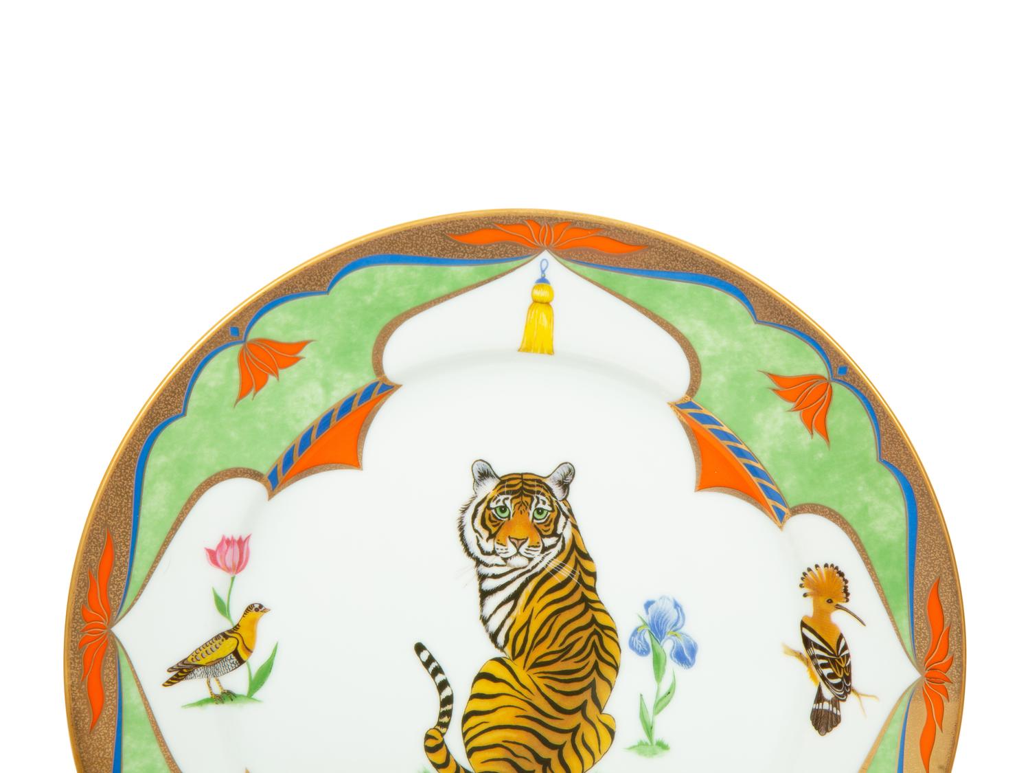 Twelve Lynn Chase Tiger Raj Dinner Plates and a Square Bowl