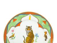 Twelve Lynn Chase Tiger Raj Dinner Plates and a Square Bowl