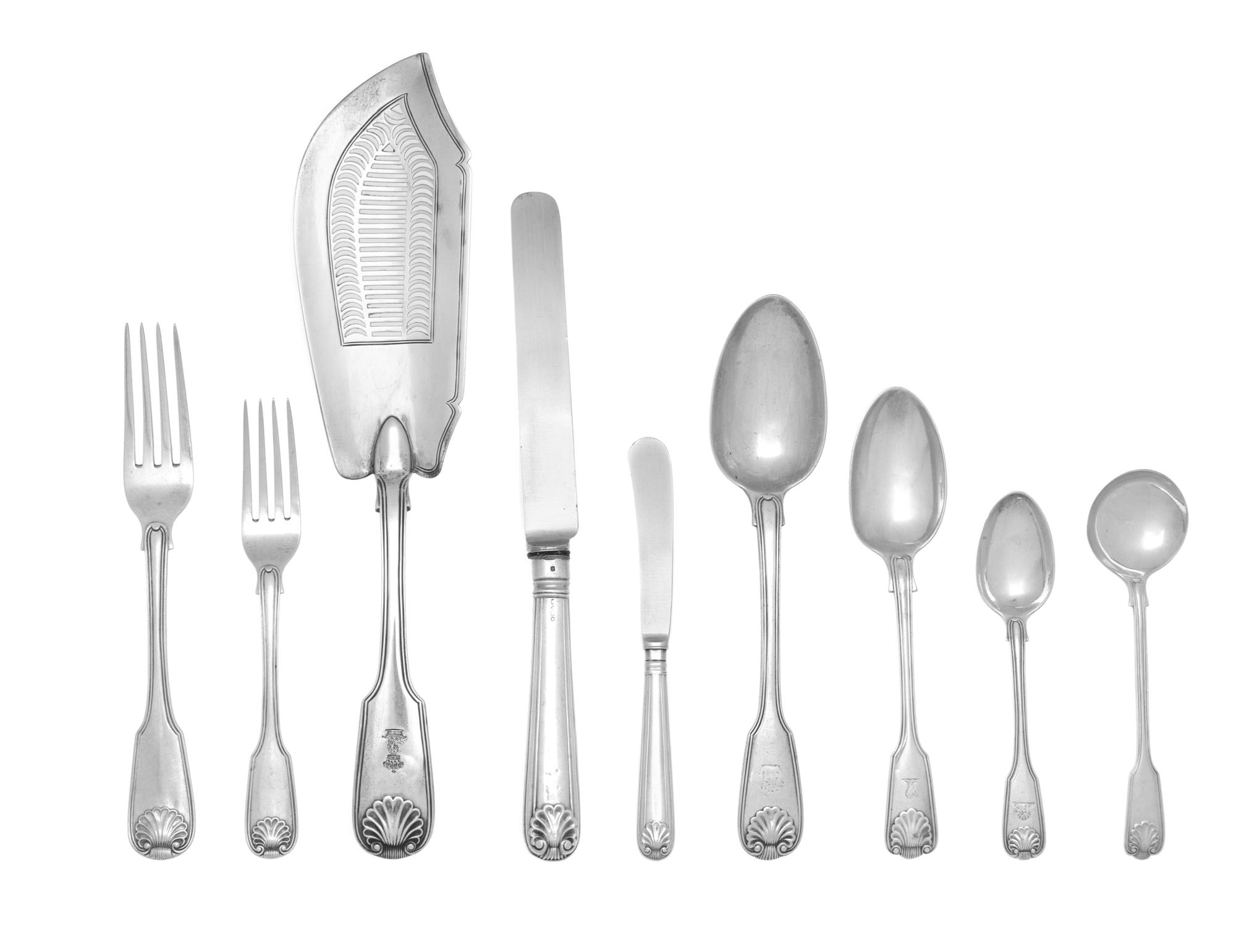 An Assembled George III and Victorian Silver Flatware Service, William Ely & William Fearn, London, 1818, and others (some later), Fidd