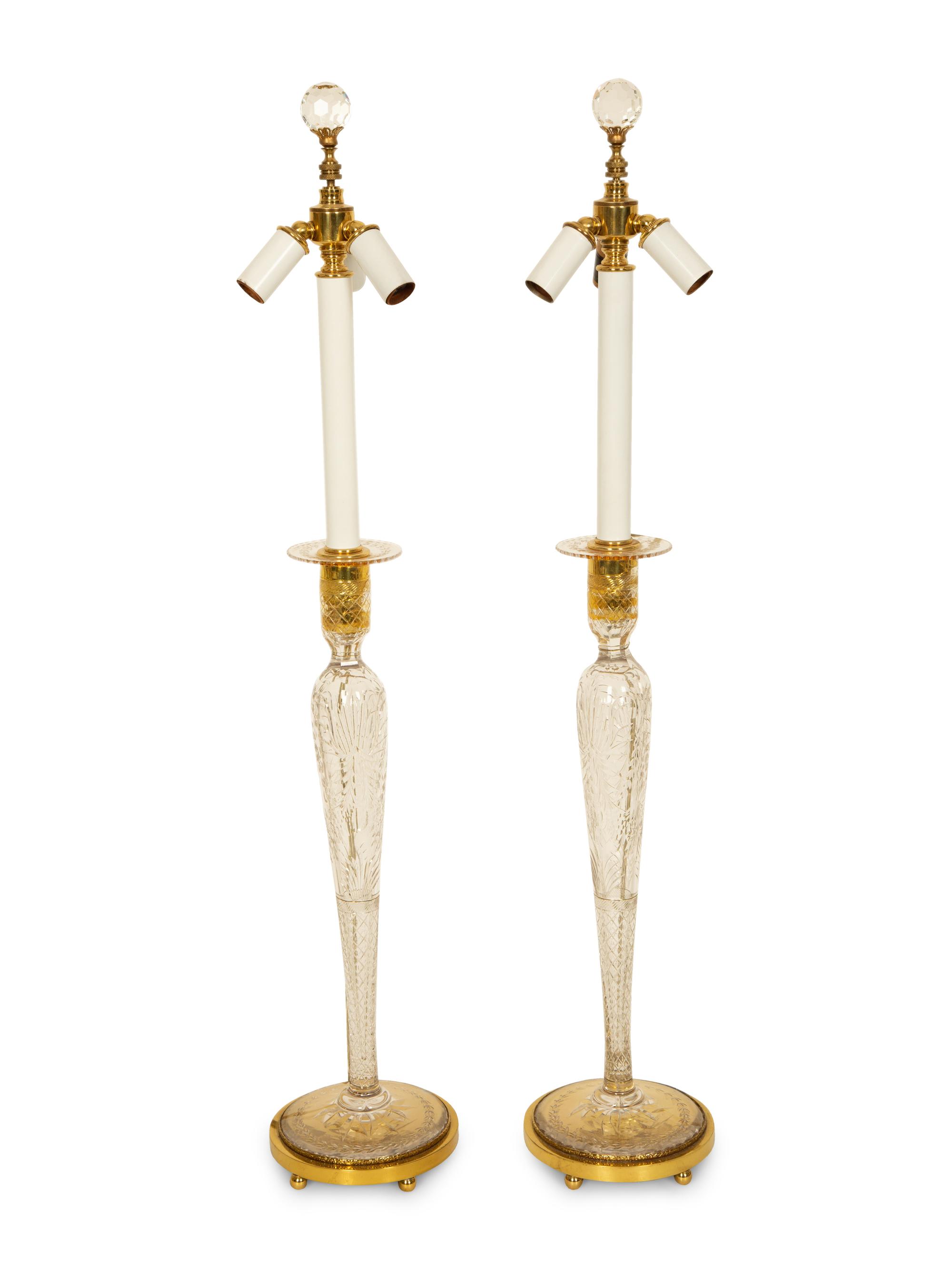 A Pair of Gilt Metal Mounted Cut Glass Candlesticks Mounted as Lamps