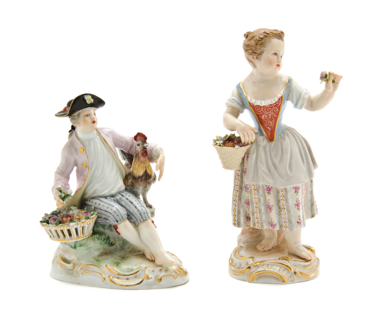 Two Meissen Porcelain Figures, Height of first 4 inches.
