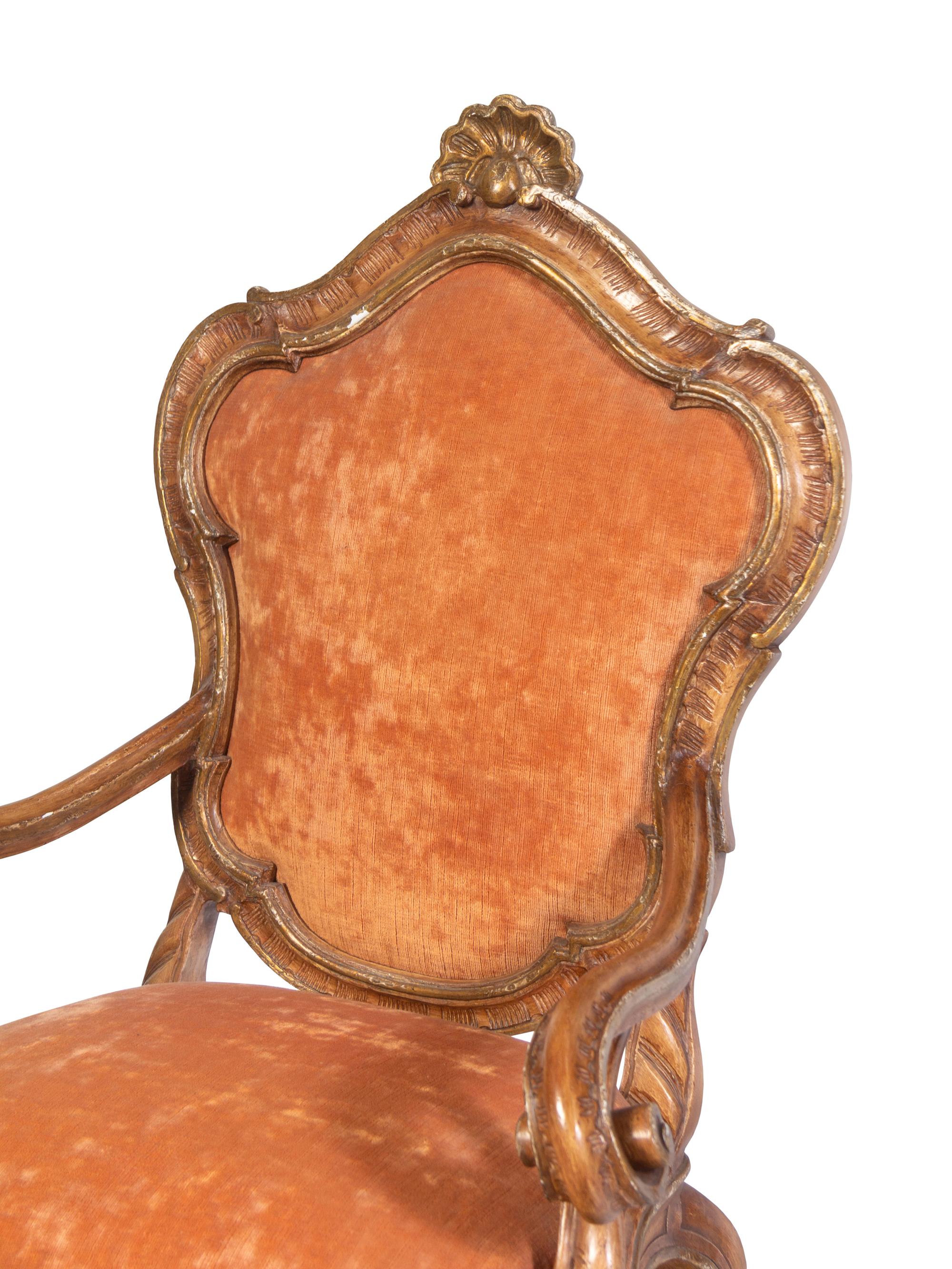 A Pair of Italian Rococo Style Carved and Painted Armchairs