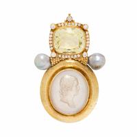 Elizabeth Gage, Multigem and Yellow Gold Pendant Brooch with Cameo of Nicolas Poussin