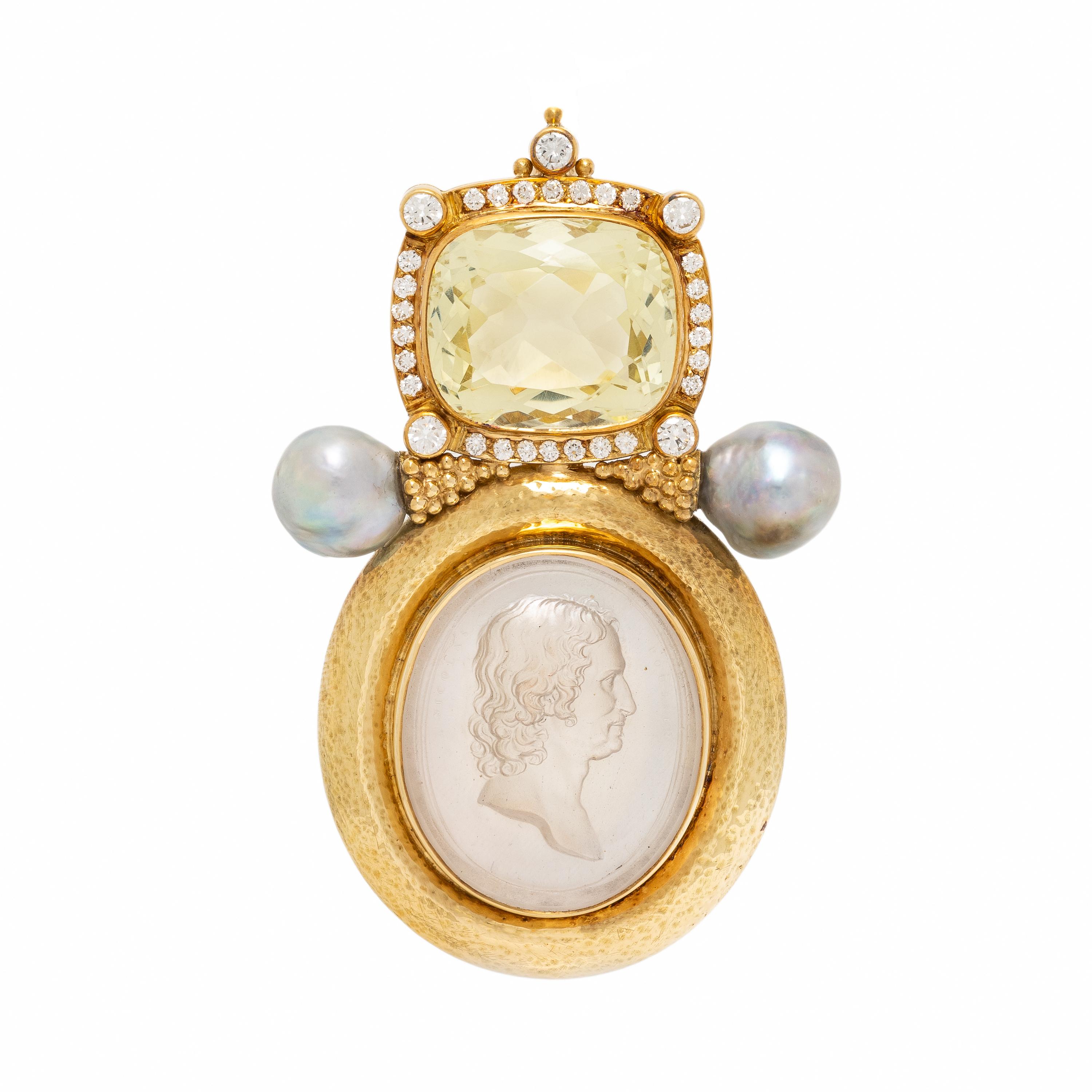Elizabeth Gage, Multigem and Yellow Gold Pendant Brooch with Cameo of Nicolas Poussin