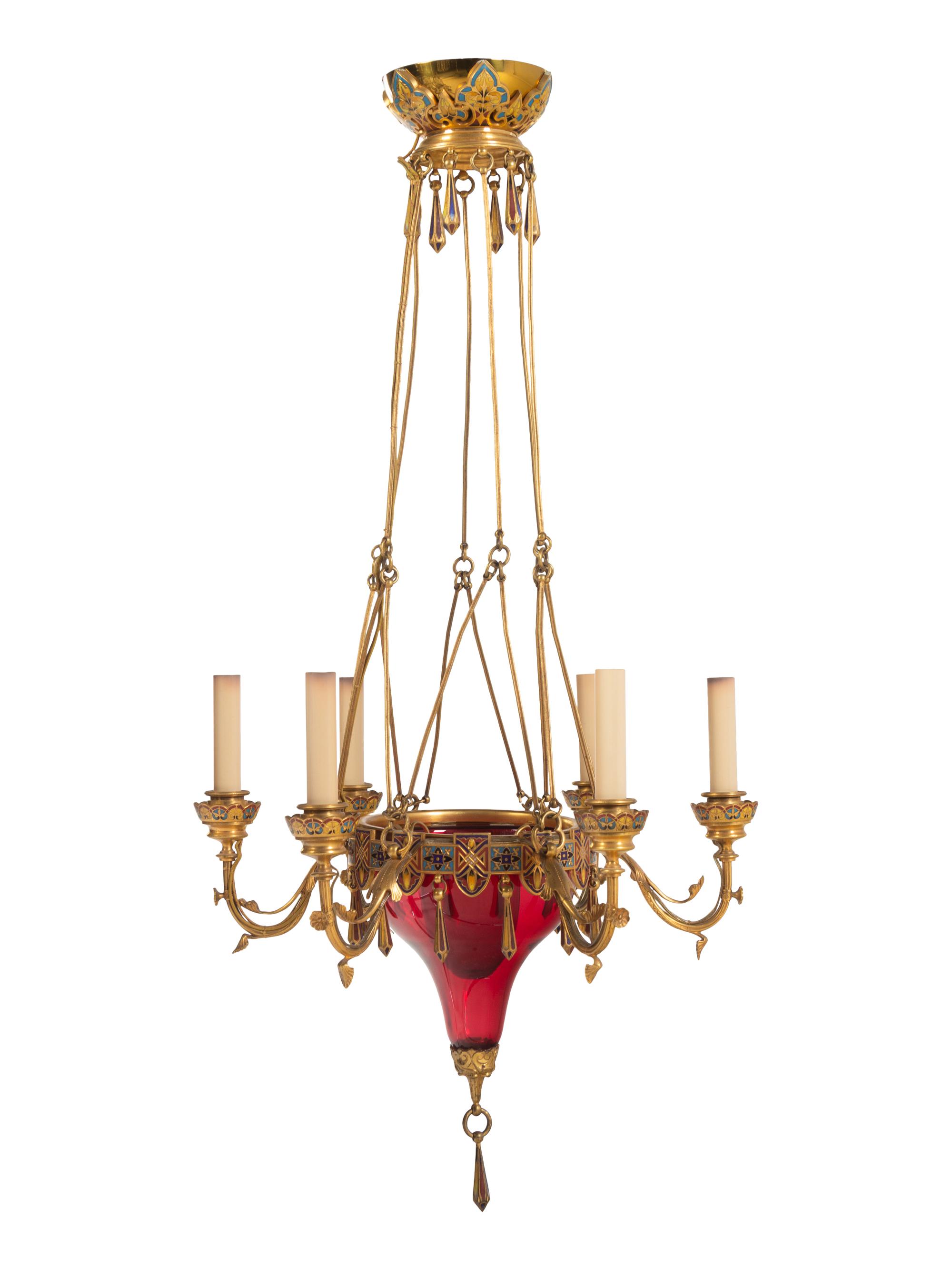 A Bohemian Champlevé Enamel, Gilt Bronze and Ruby Glass Six-Light Chandelier