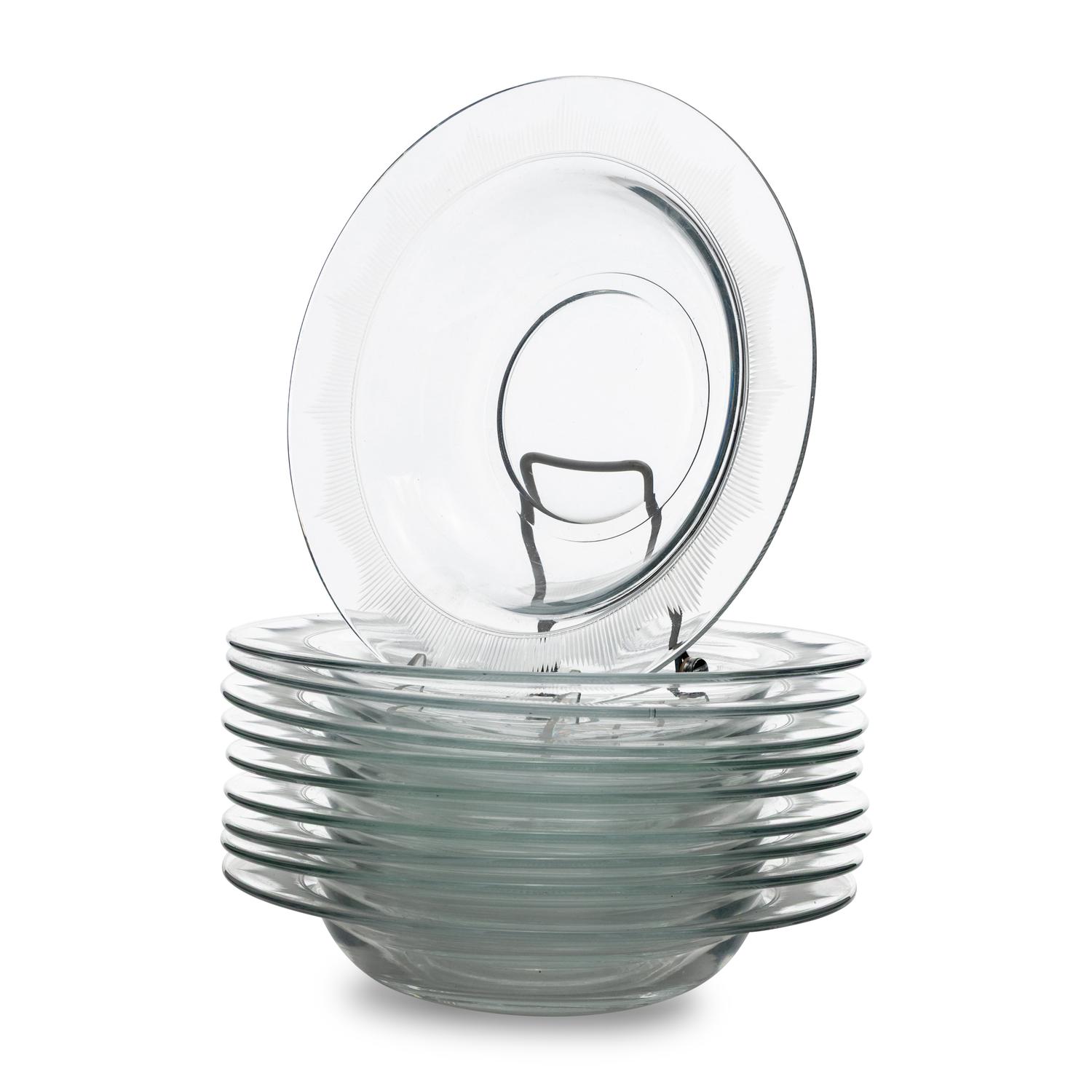 A Set of Ten Etched Glass Soup Bowls