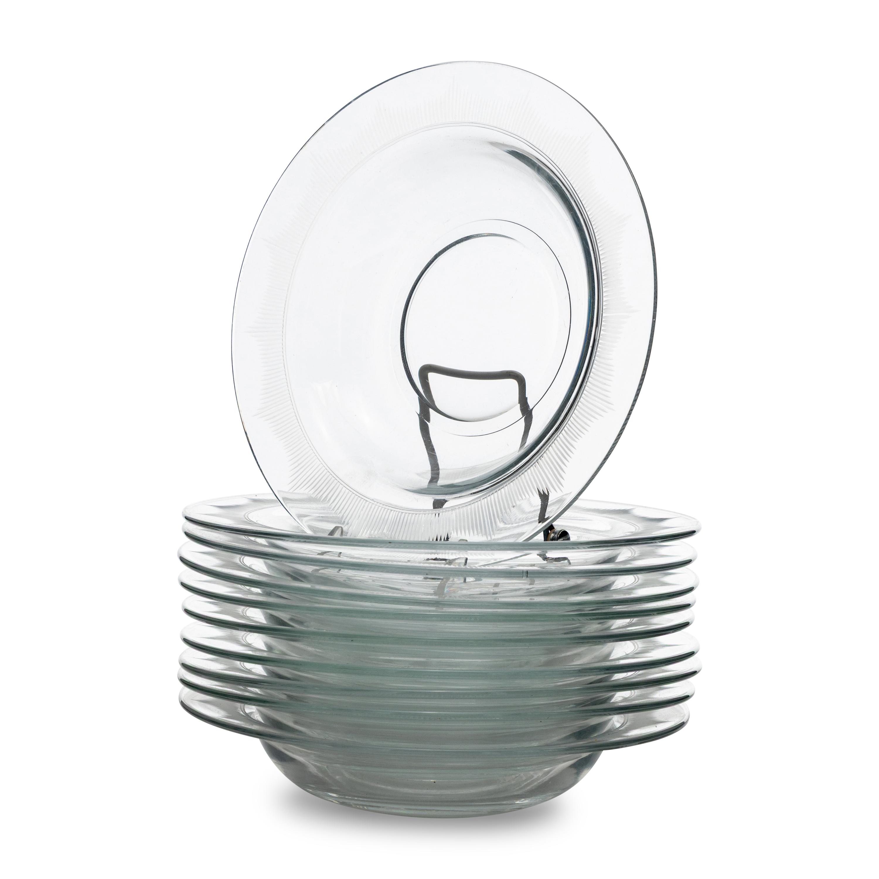 A Set of Ten Etched Glass Soup Bowls