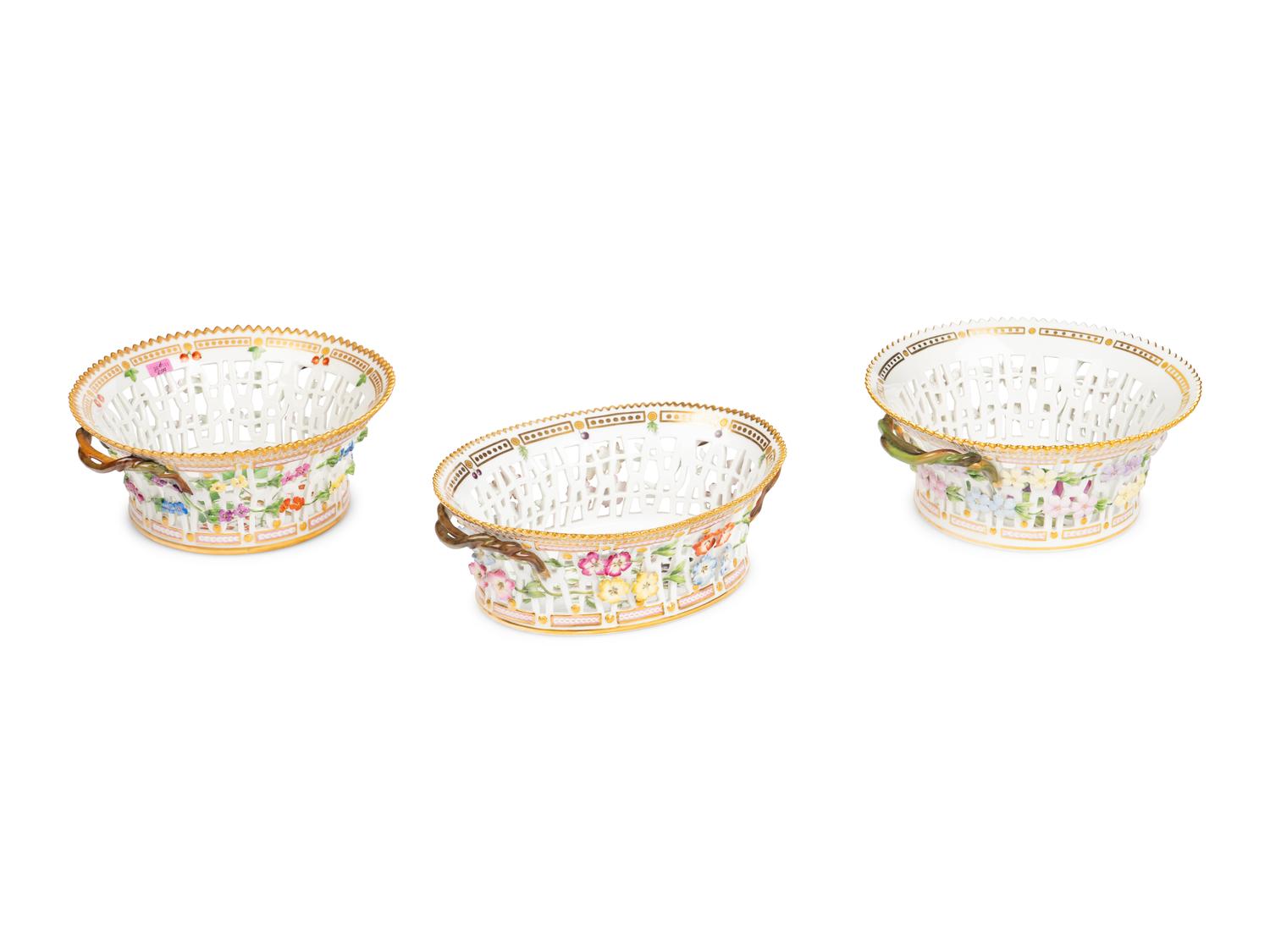 A Group of Three Royal Copenhagen Flora Danica Porcelain Fruit Baskets