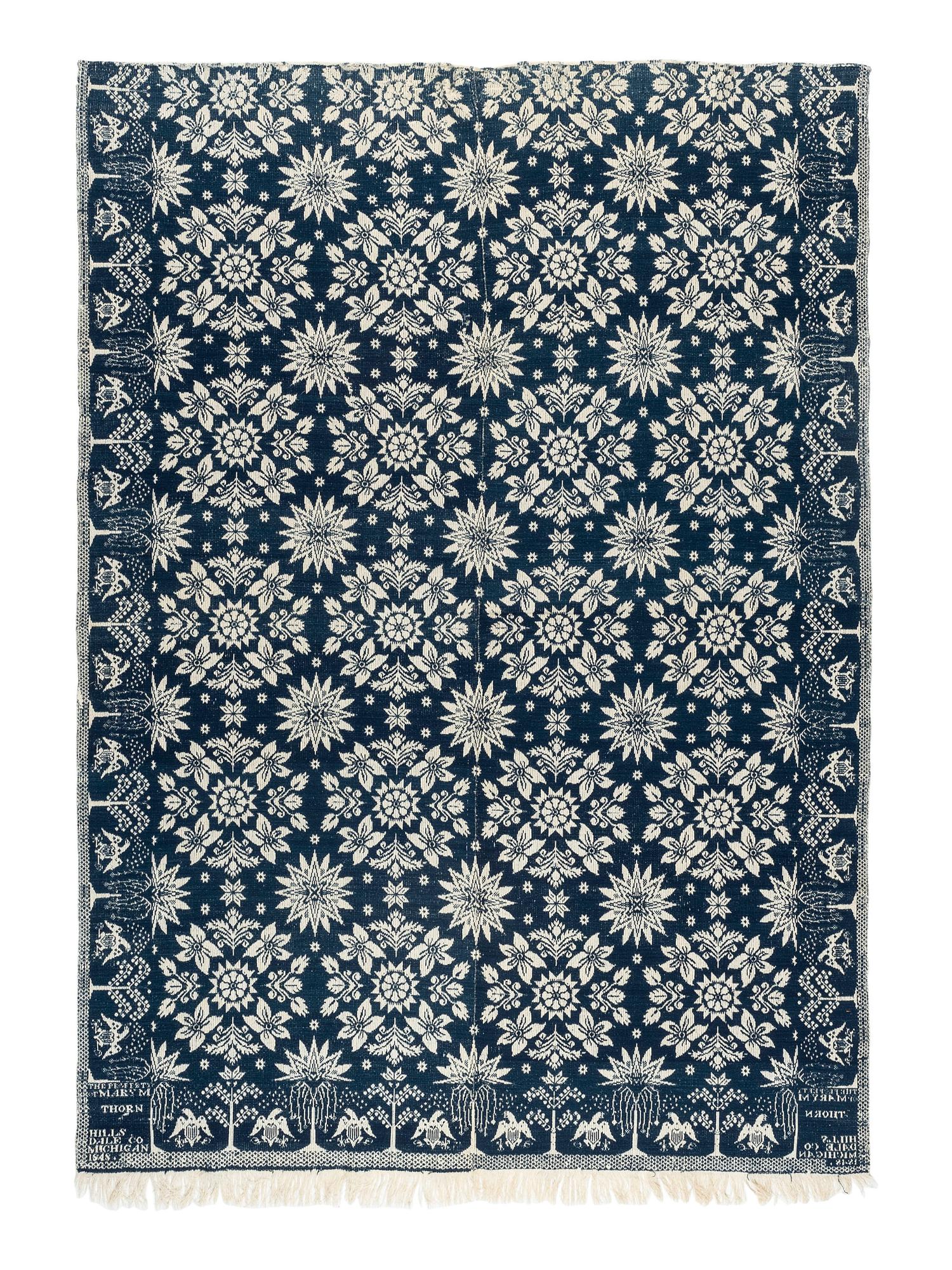A Rare Blue and White Jacquard Pieced Coverlet, Made for Mary M. Thorn