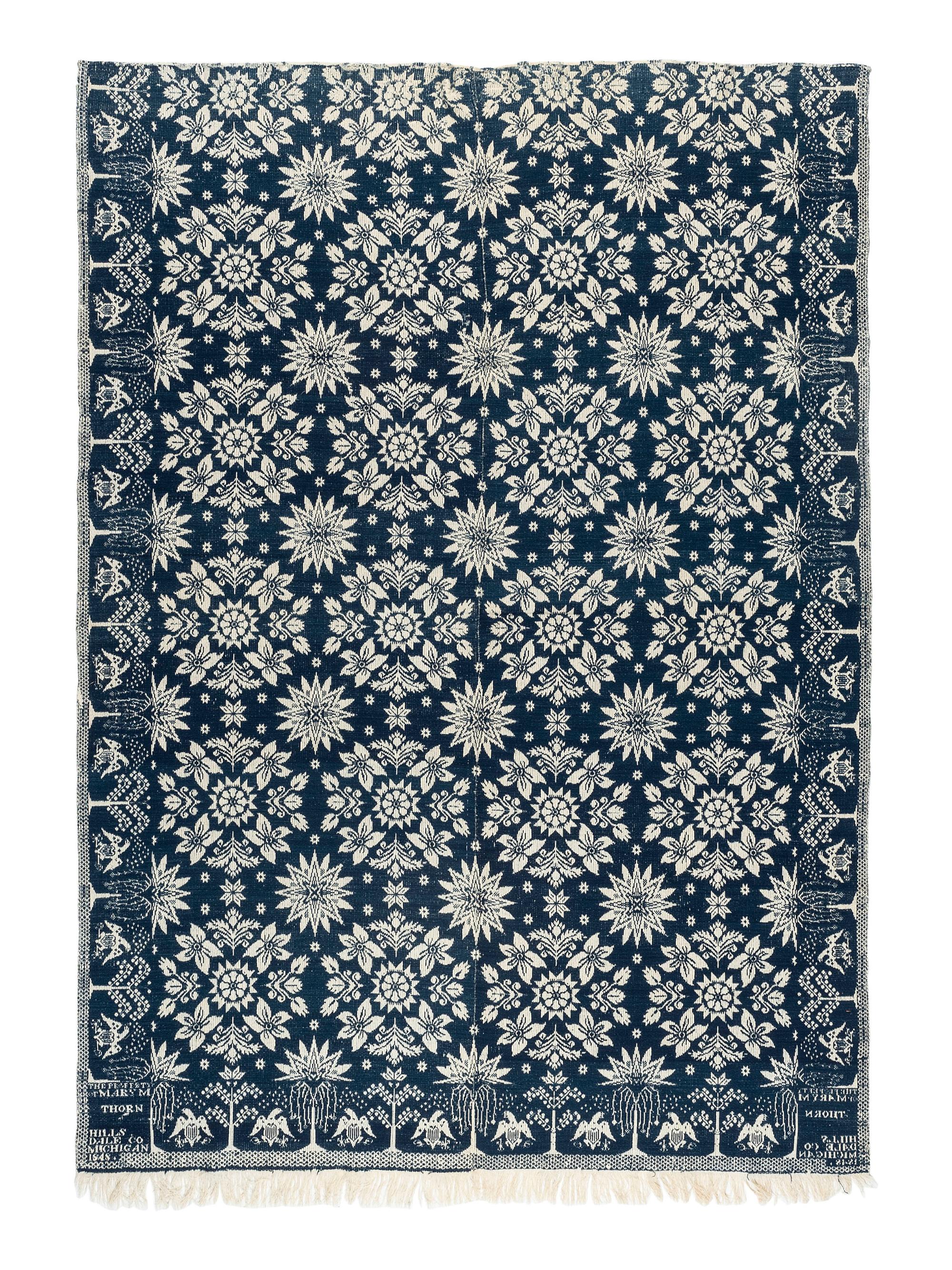 A Rare Blue and White Jacquard Pieced Coverlet, Made for Mary M. Thorn