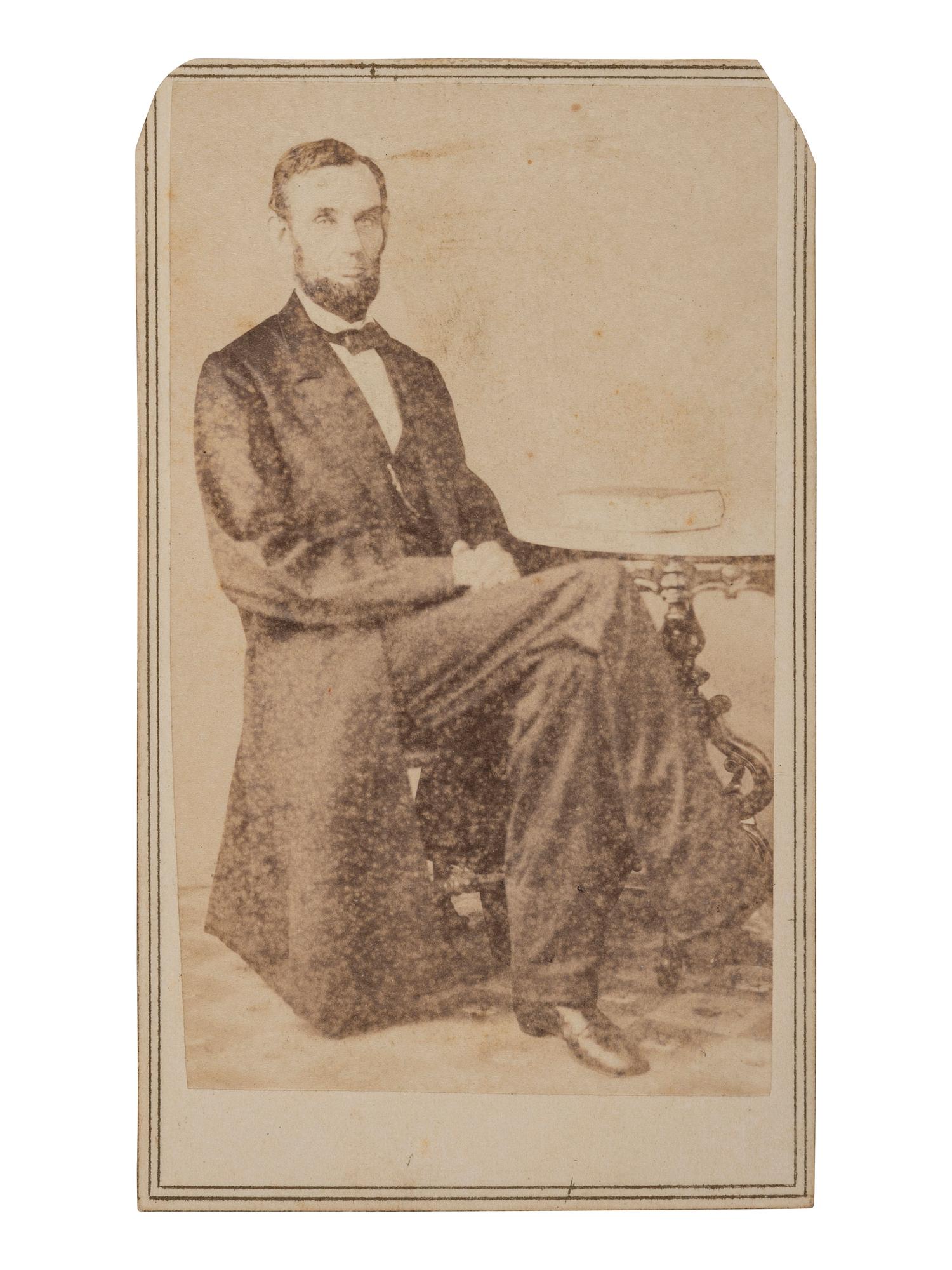 [LINCOLN, Abraham (1809-1863)]. GARDNER, Alexander (1821-1882), photographer. CDV of Lincoln. Washington, DC: Philp & Solomons, 1863.