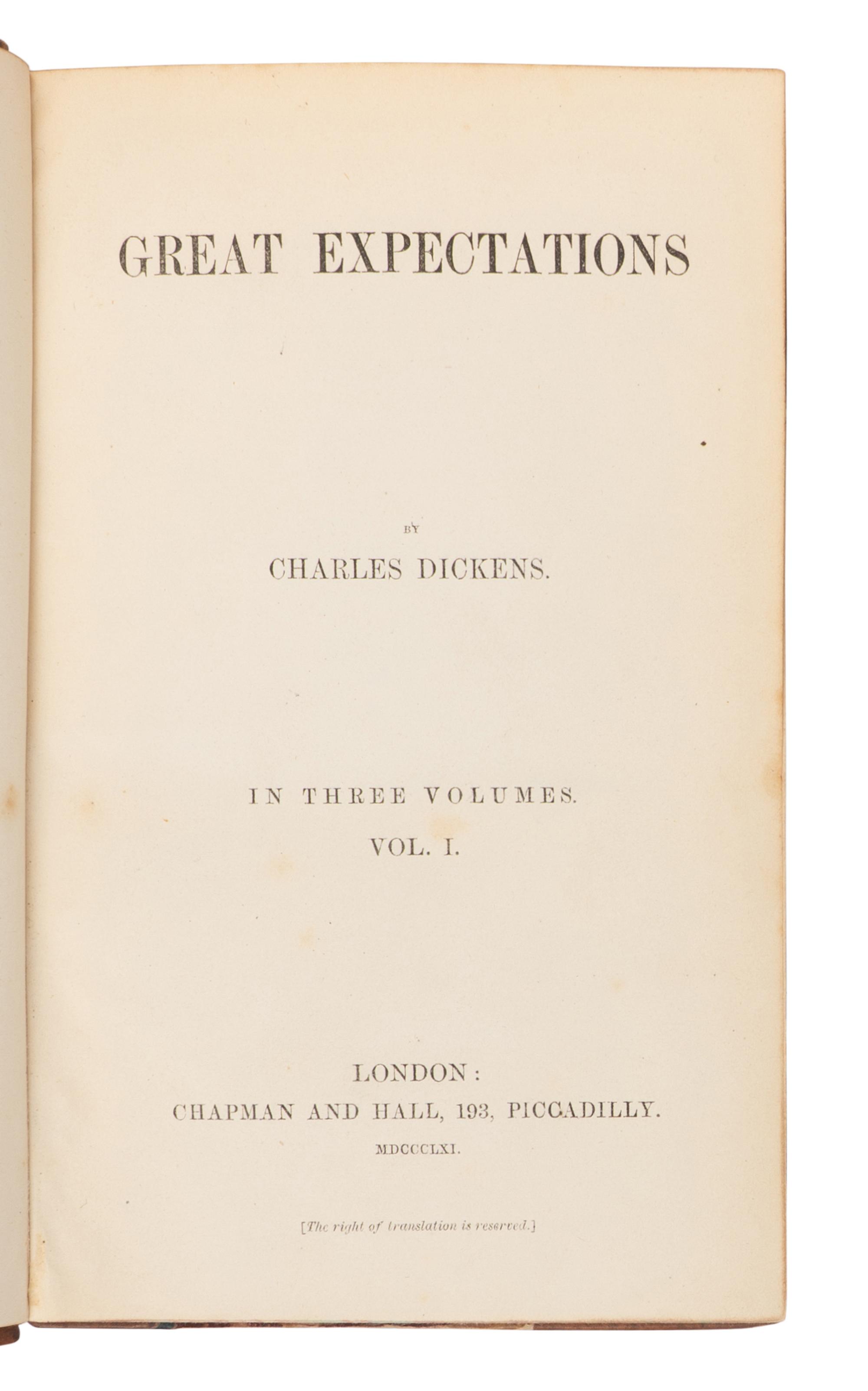DICKENS, Charles (1812-1870). Great Expectations . London: [C. Whiting for] Chapman and Hall, 1861.