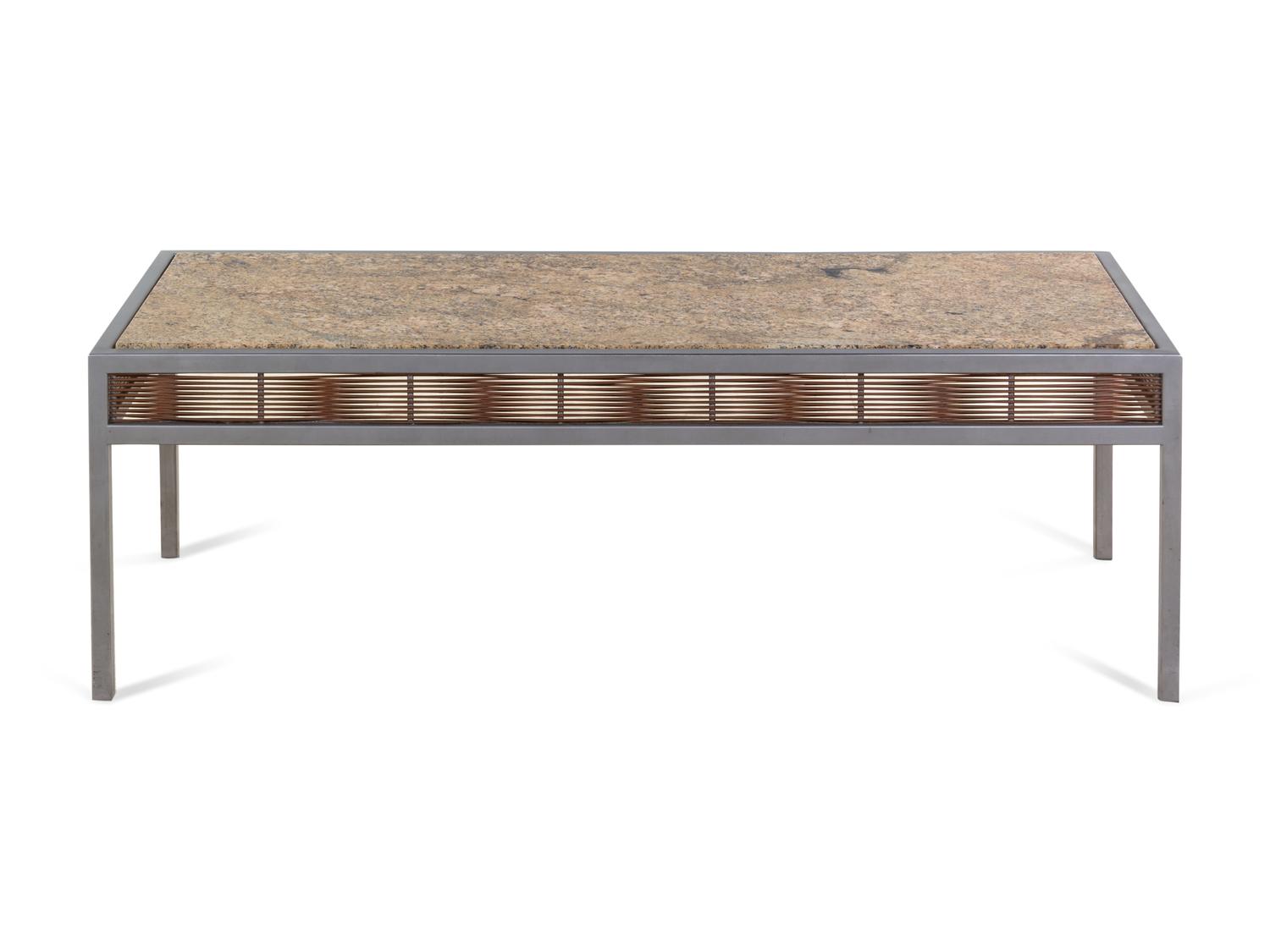 A Contemporary Steel, Granite, and Rattan Coffee Table