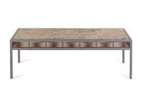 A Contemporary Steel, Granite, and Rattan Coffee Table