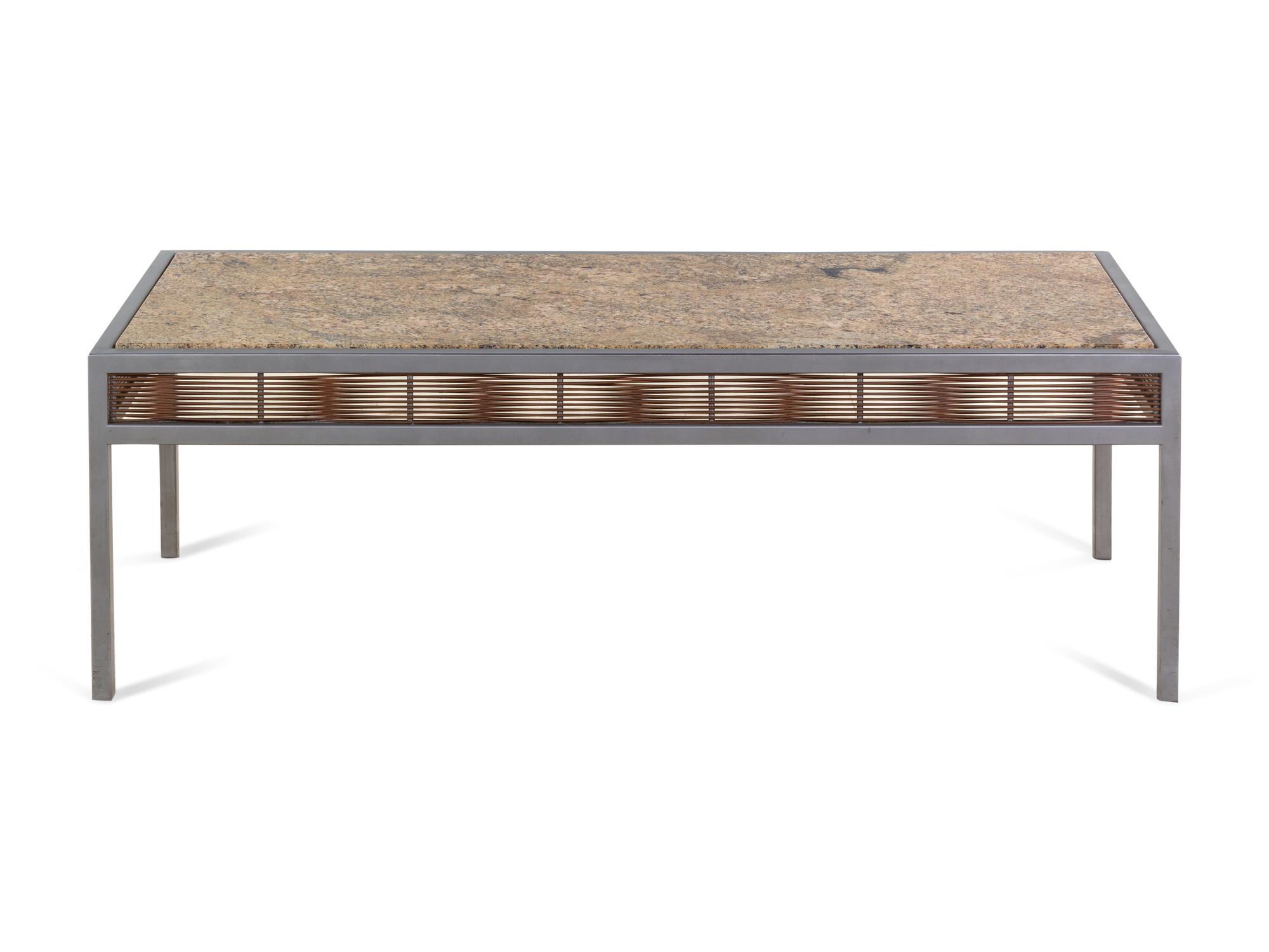 A Contemporary Steel, Granite, and Rattan Coffee Table