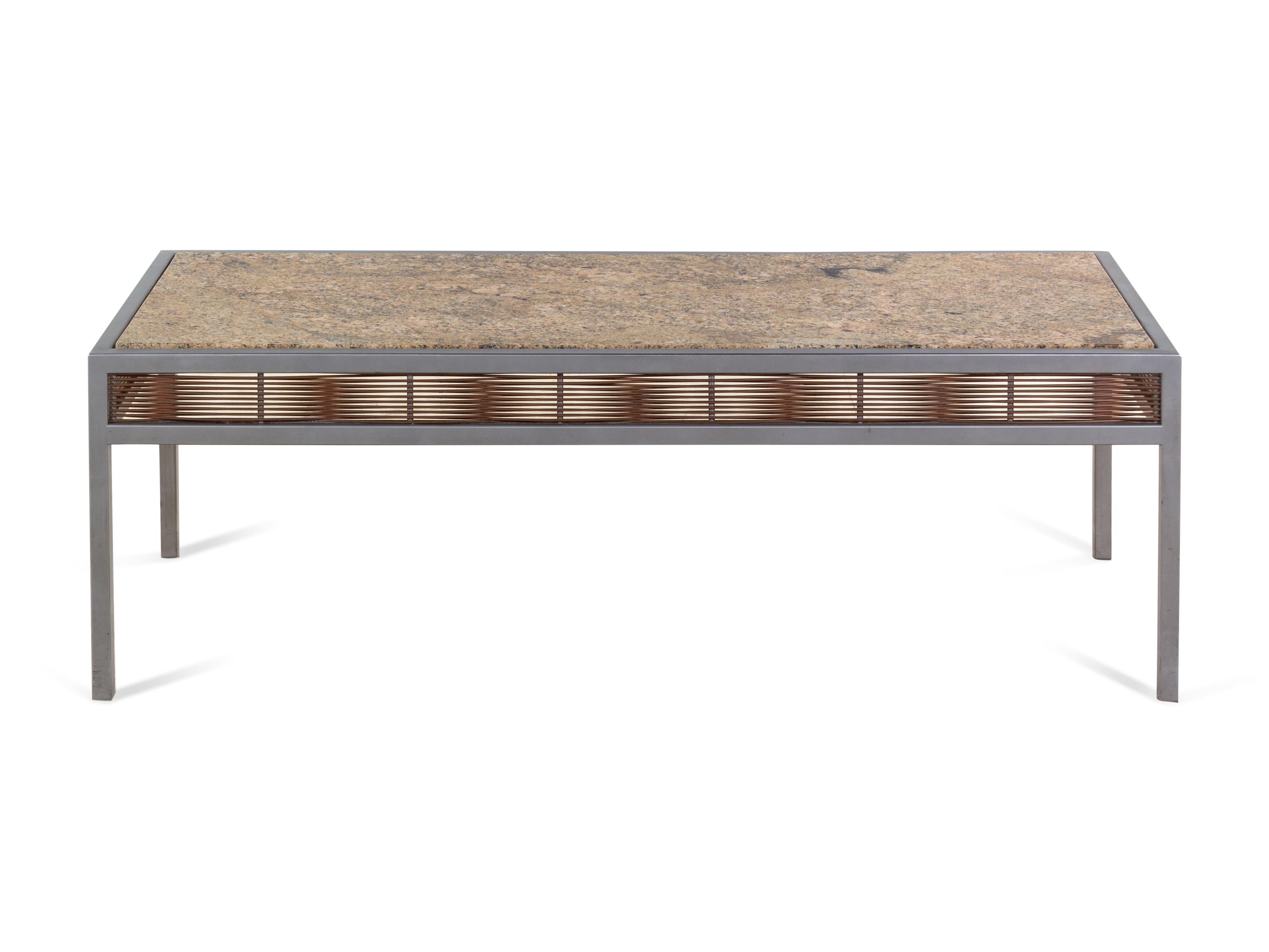 A Contemporary Steel, Granite, and Rattan Coffee Table